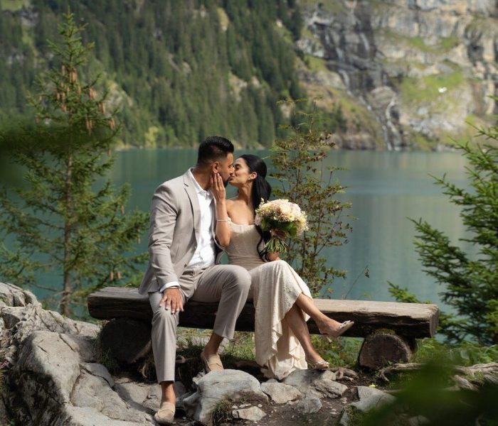 Peaceful elopement by the lake Oeaschinensee – cinematic wedding moment captured in Switzerland