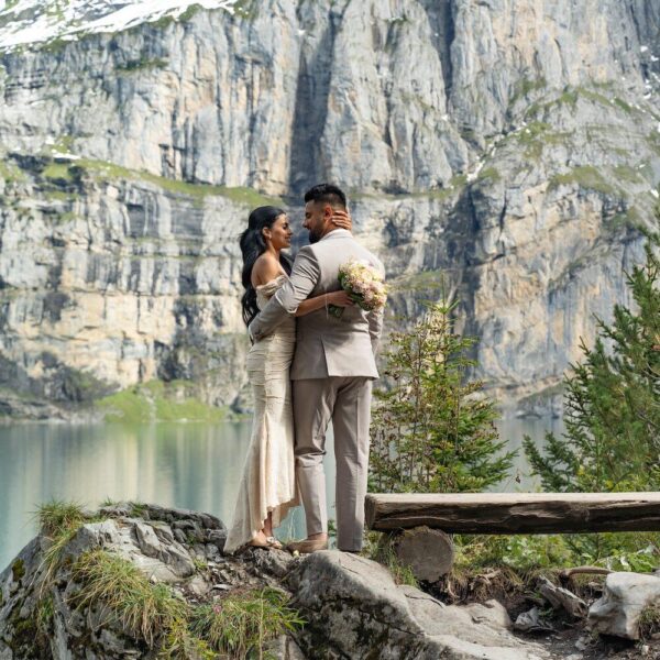 Destination Wedding Switzerland Peaceful elopement by the lake Oeaschinensee – cinematic wedding moment captured in Switzerland